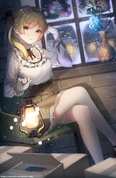  blonde_hair dress female fireworks flower frilled_dress frills frown hand_on_head highres holding holding_lantern lantern long_hair night original snow vase vierzeck window winter yellow_eyes 