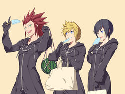  2boys axel_(kingdom_hearts) black_coat_(kingdom_hearts) black_hair blonde_hair blue_eyes breasts cloak commentary_request facial_mark female food fruit gloves gogo_(detteiu_de) green_eyes highres hood kingdom_hearts kingdom_hearts_358/2_days multiple_boys open_mouth organization_xiii popsicle red_hair roxas short_hair simple_background smile spiked_hair watermelon xion_(kingdom_hearts) 