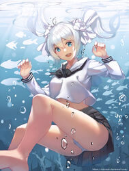  bangs blue_eyes bubble female fish hair_ribbon highres ocean open_mouth original pleated_skirt ribbon school_uniform seaweed shirt silver_hair skirt twintails underwater upskirt vierzeck white_hair white_ribbon white_shirt 