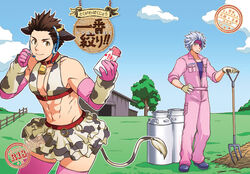  2boys bad_id bad_pixiv_id bell blue_eyes brown_hair chousokabe_motochika_(sengoku_basara) collar cosplay cow_horns cow_tail crossdressing elbow_gloves eyepatch farm fence gloves grey_hair headphones headset horns idolmaster idolmaster_cinderella_girls male_focus midriff multiple_boys muscular n_(lilyll99) navel neck_bell oikawa_shizuku oikawa_shizuku_(cosplay) pink_thighhighs pitchfork sengoku_basara skirt smile tail tank_(container) thighhighs tokugawa_ieyasu_(sengoku_basara) yellow_eyes 