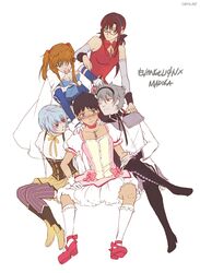  2boys 3girls akemi_homura akemi_homura_(cosplay) akemi_homura_(magical_girl) argyle_clothes argyle_legwear ayanami_rei black_hair bloomers blue_eyes blue_hair blush boots breasts brown_hair cape choker cleavage commentary_request corset cosplay crossdressing crossed_legs detached_sleeves evangelion:_2.0_you_can_(not)_advance glasses green_eyes grey_hair hair_ornament hairband highres ikari_shinji kaname_madoka kaname_madoka_(cosplay) kaname_madoka_(magical_girl) magical_girl mahou_shoujo_madoka_magica mahou_shoujo_madoka_magica_(anime) makinami_mari_illustrious medium_breasts miki_sayaka miki_sayaka_(cosplay) miki_sayaka_(magical_girl) multiple_boys multiple_girls nagisa_kaworu neon_genesis_evangelion orange_hair pantyhose ponytail puffy_short_sleeves puffy_sleeves rebuild_of_evangelion red-framed_eyewear red_eyes ribbon_choker sakura_kyoko sakura_kyoko_(cosplay) sakura_kyoko_(magical_girl) semi-rimless_eyewear shoes short_hair short_sleeves sitting skirt socks soul_gem souryuu_asuka_langley striped_clothes striped_thighhighs surfacage thighhighs tomoe_mami tomoe_mami_(cosplay) tomoe_mami_(magical_girl) two_side_up under-rim_eyewear underwear vertical-striped_clothes vertical-striped_thighhighs white_background 