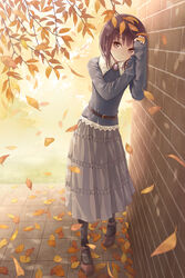  against_wall autumn autumn_leaves bad_id bad_pixiv_id belt black_legwear brick_wall brown_eyes brown_hair commentary_request falling_leaves female frilled_skirt frills full_body grey_skirt highres leaf long_skirt long_sleeves looking_at_viewer mary_janes medium_hair outdoors photo-referenced shoes skirt sleeves_past_wrists solo standing tokumaru 