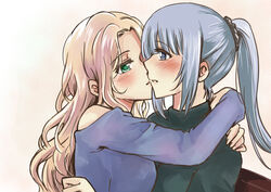  2girls absurdres bare_shoulders blonde_hair blush casual commentary_request ear_blush fei_cai_xiao_r flowers_(innocent_grey) green_eyes grey_eyes grey_hair hair_ornament hair_scrunchie highres hug imminent_kiss komikado_nerine long_hair multiple_girls off_shoulder parted_lips ponytail scrunchie simple_background turtleneck yatsushiro_yuzuriha yuri 