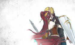  1boy absurdres blonde_hair breasts commentary_request crocea_mors_(rwby) death_flag elbow_gloves female gloves highres jaune_arc joker_(joker_sin) kissing long_hair medium_breasts milo_and_akouo ponytail pyrrha_nikos red_hair rwby shield short_hair straight sword weapon 