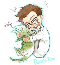  1boy baby_kaijuu brown_hair chibi commentary_request facial_hair glasses hug male_focus newton_geiszler pacific_rim photoshop_(medium) short_hair skyness stubble teardrop 