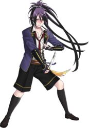  1boy black_gloves black_socks blush bow fingerless_gloves fudou_yukimitsu full_body gloves hairbow male_focus minato_(robin) necktie official_art ponytail purple_eyes purple_hair short_sword shorts socks solo sword tantou touken_ranbu transparent_background weapon 