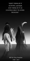  animal commentary death_(discworld) death_(entity) discworld greyscale grim_reaper hat highres hood horse horse_tail horseback_riding monochrome multiple_boys phantagrafie riding scythe tail terry_pratchett weapon 