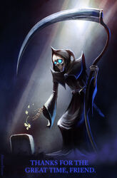  alectorfencer commentary death_(discworld) death_(entity) discworld flower grim_reaper hood no_humans sad scythe skeleton skull terry_pratchett tombstone weapon 