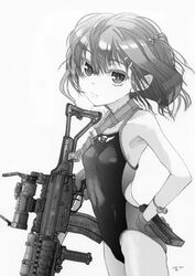  akimoto_kouji assault_rifle commentary_request competition_swimsuit female gloves greyscale gun highres howa_type_89 magazine_(weapon) monochrome one-piece_swimsuit original rifle short_hair solo swimsuit trigger_discipline weapon 