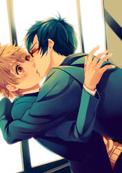  2boys blonde_hair blue_hair blush closed_eyes commentary_request free! glasses hazuki_nagisa hug iwatobi_high_school_uniform kissing kitazawa_k male_focus multiple_boys red_eyes ryuugazaki_rei school_uniform surprise_kiss surprised sweat yaoi 