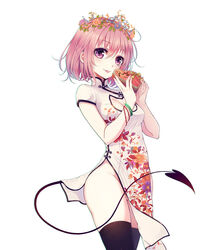  :p black_thighhighs blush box bracelet breasts cat_cutout china_dress chinese_clothes cleavage cleavage_cutout clothing_cutout commentary cowboy_shot demon_tail dress female flower hair_flower hair_ornament heart-shaped_box highres holding jewelry looking_at_viewer medium_breasts momo_velia_deviluke no_panties photoshop_(medium) pink_hair purple_eyes short_hair short_sleeves side_slit simple_background solo standing tail thighhighs to_love-ru tongue tongue_out wait white_background 