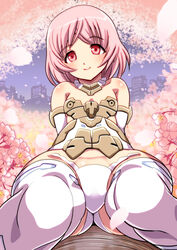  arm_support arms_behind_back ass bare_shoulders cherry_blossoms commentary_request female foreshortening frame_arms_girl in_tree knees_together_feet_apart leaning_back legs materia_(frame_arms_girl) materia_shiro oborogumo_takamitsu outdoors panties petals pink_eyes pink_hair short_hair sitting smile solo thighhighs tree underwear white_panties white_thighhighs 