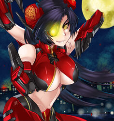  black_hair breasts bun_cover cityscape commentary_request crimson_typhoon dos_(james30226) double_bun extra_arms eyepatch female fighting_stance full_moon glowing glowing_eye hair_bun joints large_breasts long_hair mecha_musume mechanical_arms midriff moon navel pacific_rim personification photoshop_(medium) robot_joints smile solo underboob yellow_eyes yellow_moon 