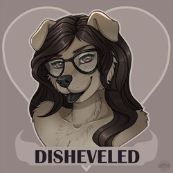  1:1 2018 anthro avoid_posting black_hair black_nose black_tongue brown_body brown_eyes brown_fur bust_portrait button_ears canid canine canis chow_chow domestic_dog english_text eyebrows eyewear female floppy_ears fur glasses grey_body grey_fur grin hair heart_symbol hettie hi_res looking_at_viewer mammal portrait simple_background smile solo spitz spots text tongue tongue_out 