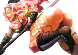  amazon_(dragon&#039;s_crown) armlet ass bare_shoulders boots breasts cleavage commentary_request dragon&#039;s_crown feathers female gloves large_breasts long_hair mizuki_apple pink_hair polearm purple_eyes simple_background solo tattoo thick_thighs thighs weapon white_background 