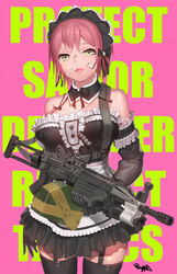  absurdres apron bad_id bad_pixiv_id bandaid bandaid_on_face bare_shoulders black_gloves black_thighhighs bow breasts bypos cigarette cleavage cowboy_shot detached_collar elbow_gloves english_text female frills garter_straps gloves green_eyes gun hairbow highres holding holding_gun holding_weapon large_breasts light_machine_gun looking_at_viewer m249 machine_gun maid maid_headdress military original photoshop_(medium) pink_hair short_hair solo text_background thighhighs weapon zettai_ryouiki 