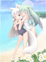  2girls animal_ears black_eyes cat_ears cat_tail closed_eyes commentary_request green_hair long_hair multiple_girls nightmare_cat one-piece_swimsuit one_eye_closed original school_swimsuit swimsuit tail white_hair 