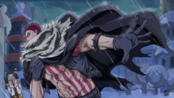  2boys abs aqua_eyes arm_tattoo armlet bare_pectorals black_cape black_gloves black_hair black_vest blank_eyes cape charlotte_katakuri chest_tattoo commentary covered_mouth facial_hair from_side gloves highres living_(pixiv5031111) long_sleeves looking_at_viewer male_focus multiple_boys muscular muscular_male night one_piece open_clothes open_mouth open_vest outdoors outstretched_arm pants pectorals photoshop_(medium) purple_hair rain scar scarf scarf_over_mouth short_hair solo_focus sparkle spikes standing stitches stomach stomach_tattoo tattoo topless_male unzipped upper_body vest white_scarf wind zipper 