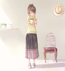  bad_id bad_pixiv_id bare_shoulders birdcage brown_hair cage closed_eyes commentary_request female floral_print flower hat long_skirt no_socks pitcher_(container) plant ponytail potted_plant see-through shoes skirt smile sneakers solo standing tank_top tokumaru 