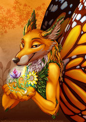  ambiguous_gender anthro arthropod butterfly canid canine eosfoxx fairy fairy_dust forest fox hi_res insect_wings insects lepidopteran magic mammal nordicfuzzcon plant solo tree wings 