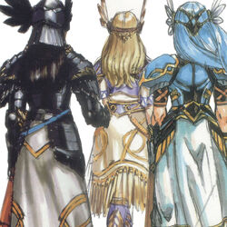  3girls armor armored_dress black_armor blonde_hair blue_armor blue_hair braid cowboy_shot feathers from_behind gloves head_wings helmet hrist_valkyrie lenneth_valkyrie long_hair lowres multiple_girls official_art photoshop_(medium) siblings silmeria_valkyrie silver_hair sisters standing tiara valkyrie valkyrie_profile_(series) very_long_hair white_background wings 