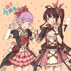  2girls ;d anniversary black_ribbon bow brown_hair cleavage_cutout clothing_cutout commentary_request confetti cowboy_shot diantha_(granblue_fantasy) dress flower granblue_fantasy hairbow hanarito hand_grab light_purple_hair linaria_(granblue_fantasy) multiple_girls one_eye_closed open_mouth orange_background pink_hair plaid purple_eyes red_bow ribbon rose side_ponytail simple_background smile yellow_eyes 