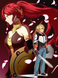  absurdres bad_id bad_pixiv_id blonde_hair breasts crocea_mors_(rwby) elbow_gloves female forehead_protector gloves green_eyes highres jaune_arc kurohane long_hair medium_breasts milo_and_akouo photoshop_(medium) ponytail profile pyrrha_nikos red_hair rwby shield short_hair sword tears weapon 