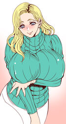  blonde_hair blue_eyes breasts female ginnyo large_breasts long_hair original smile solo sweater 