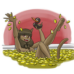  1:1 ankama anthro biped breasts brown_body brown_hair carelessdoodler clothed clothing coin dofus domestic_cat ecaflip felid feline felis female front_view gold_(metal) gold_coin hair hindpaw lying mammal miranda_(wakfu) money money_bath nude on_back open_mouth paws raised_arm rubber_duck smile solo treasure wakfu 