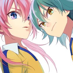  2boys aqua_hair bad_id bad_pixiv_id blue_eyes inazuma_eleven_(series) inazuma_eleven_go kariya_masaki kirino_ranmaru long_hair male_focus multiple_boys parted_lips pink_hair raimon raimon_soccer_uniform riho soccer_uniform sportswear twintails upper_body white_background 