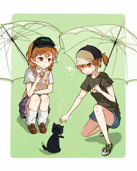  2girls alternate_hairstyle baseball_cap black_cat black_shirt brown_eyes brown_hair brown_sweater_vest casual commentary_request electricity electrokinesis emblem feline hat head-mounted_display heart heart_print highres lightning_bolt_symbol luo. medium_hair misaka_imouto misaka_imouto_10032&#039;s_cat misaka_mikoto multiple_girls ponytail psychic school_emblem school_uniform shirt short_sleeves shorts siblings sisters skirt summer_uniform sweater_vest toaru_kagaku_no_railgun toaru_kagaku_no_railgun_s toaru_majutsu_no_index tokiwadai_school_uniform transparent transparent_umbrella umbrella 