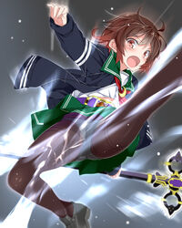  belt black_pantyhose blush bow bow_panties brown_hair commentary crescent crescent_pin female gradient_hair green_skirt highres holding holding_staff jacket kamen_rider kamen_rider_blade_(series) kamen_rider_leangle kantai_collection kicking long_sleeves mtu_(orewamuzituda) multicolored_hair mutsuki_(kancolle) name_connection open_clothes open_jacket open_mouth panties panties_under_pantyhose pantyhose pantyshot photoshop_(medium) pleated_skirt red_hair remodel_(kantai_collection) rider_belt rider_kick school_uniform serafuku shoes short_hair skirt solo staff thighband_pantyhose underwear weapon white_panties 