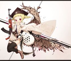  ak-47 ammunition_belt animal assault_rifle bird bird_wings black_bow black_hat black_necktie black_thighhighs blonde_hair blunt_bangs boots bow brown_footwear browning_m2 character_request commentary_request copyright_request covered_mouth cross-laced_footwear dress feathered_wings female full_body gun hat heavy_machine_gun highres holding holding_gun holding_weapon jacket jacket_on_shoulders kalashnikov_rifle lace-up_boots letterboxed looking_at_viewer mabuta_(byc0yqf4mabye5z) machine_gun mortarboard multiple_weapons necktie owl pocket purple_eyes rifle ringlets short_hair short_sleeves sidelocks simple_background solo star_(symbol) thighhighs thighhighs_under_boots twintails weapon white_background white_dress white_jacket wings 