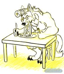  2018 5_fingers anthro beef biped bodily_fluids canid canine canis claws cutlery digitigrade eating eevachu eyebrows eyewear feet fingers food fork furniture glasses hair holding_object kitchen_utensils knife looking_at_viewer male mammal meat monochrome muscular muscular_anthro muscular_male mythological_canine mythological_creature mythology plate pompadour saliva simple_background sitting solo steak table toe_claws toes tools traditional_media_(artwork) were werecanid werecanine werewolf white_background wolf 