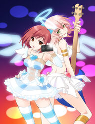  2girls angel armlet bass_guitar bracelet brown_eyes camera commentary company_connection corset cosplay cross-laced_footwear dress flcl gainax ginta green_eyes guitar halo haruhara_haruko highres instrument jewelry multiple_girls open_mouth panty_&amp;_stocking_with_garterbelt panty_(psg) panty_(psg)_(cosplay) photoshop_(medium) pink_hair red_hair rickenbacker_4001 samejima_mamimi short_hair skirt smile stocking_(psg) stocking_(psg)_(cosplay) striped_clothes striped_thighhighs thighhighs white_dress white_skirt wings 