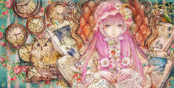  adapted_costume bad_id bad_pixiv_id bird book bookmark bow branch chair clock crescent embellished_costume feathers floral_print flower food food_themed_clothes fruit gears hairbow hat long_hair macaron owl patchouli_knowledge purple_eyes purple_hair solo strawberry throne touhou yogisya 