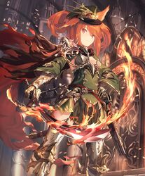  animal_ears armor armored_boots belt boots cape castle chains cygames female flaming_sword flaming_weapon gun hand_on_own_hip handgun hat kanjy00u official_art orange_eyes orange_hair orthrus_(shadowverse) peaked_cap scabbard shadowverse sheath shingeki_no_bahamut sword torn_cape torn_clothes weapon 