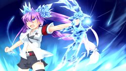  black_shorts blue_eyes blue_hair bow_(weapon) braid commentary_request earrings female gen&#039;ei_wo_kakeru_taiyou highres hoshikawa_seira ice inori_(xyz5568) jewelry navel purple_hair shorts solo twintails weapon 