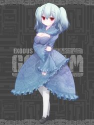  blue_hair breasts c: cleavage commentary_request dress female full_body hair_between_eyes hand_on_own_arm medium_breasts nightmare_cat original red_eyes short_hair smile solo twintails 