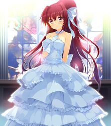  arm_between_breasts backlighting between_breasts breasts dress female gloves highres koiken_otome medium_breasts ponytail red_eyes red_hair stained_glass tateha_(marvelous_grace) wedding_dress window yasukuni_akane 