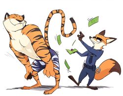  anthro bottomwear canid canine closed_eyes clothing countershading disney duo eyewear felid fox haps male mammal money muscular muscular_male nick_wilde pantherine red_fox shorts simple_background smile sunglasses tiger tiger_dancer_(zootopia) tipping true_fox twerking white_background zootopia zootopia_shorts 