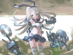  12_(xaenedju) anchor anchor_hair_ornament black_panties blonde_hair blush commentary_request elbow_gloves female gloves hair_ornament hairband highleg highleg_panties kantai_collection long_hair looking_at_viewer microskirt navel outstretched_arms panties pleated_skirt rensouhou-chan shimakaze_(kancolle) skirt smile solo spread_arms striped_clothes striped_thighhighs thighhighs underwear white_gloves 