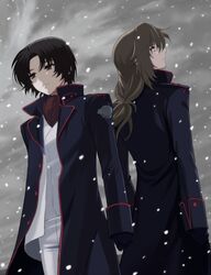  2boys back-to-back black_hair brown_eyes brown_hair commentary_request gloves highres long_coat long_hair long_sleeves looking_away looking_up low-tied_long_hair makabe_kazuki minashiro_soushi multiple_boys pants sawai_(shoa) snowing soukyuu_no_fafner uniform 