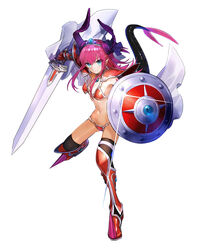  absurdres armor armored_boots bangs bent_over bikini bikini_armor black_horns black_legwear blue_eyes boots breasts cape choker closed_mouth curled_horns dragon_girl dragon_horns dragon_tail elizabeth_bathory_(brave)_(fate) elizabeth_bathory_(fate)_(all) eyebrows_visible_through_hair fate/grand_order fate_(series) female female full_body gem hair_between_eyes hair_ornament hair_ribbon head_tilt highres horns jewelry knee_boots long_hair looking_at_viewer navel official_art oversized_clothes pauldrons pink_hair pointy_ears purple_ribbon red_armor red_bikini red_choker red_footwear revealing_clothes ribbon sapphire_(stone) shoes simple_background small_breasts solo spiked_shoes spikes standing string_bikini swimsuit tail tail_raised thighhighs thighhighs_under_boots tiara two_side_up type-moon vambraces very_long_hair white_background white_cape 