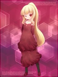  black_pantyhose blonde_hair commentary_request dress female long_hair nightmare_cat one_eye_closed original pantyhose ponytail red_eyes solo 