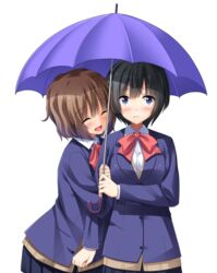  2girls arm_hug black_hair blazer blue_eyes blush brown_hair closed_eyes commentary_request highres jacket long_sleeves multiple_girls open_mouth original school_uniform shared_umbrella short_hair skirt smile sweater transparent_background umbrella uniform yoruda yuri 