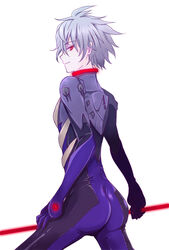  1boy artist_request ass evangelion:_3.0_you_can_(not)_redo grey_hair lance_of_longinus looking_at_viewer male_focus nagisa_kaworu neon_genesis_evangelion plugsuit rebuild_of_evangelion red_eyes smile solo weapon 