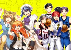  3girls 4boys abe_takaya abe_takaya_(cosplay) ace_of_diamond animal_ears baseball_bat baseball_mitt baseball_uniform basketball basketball_uniform black_hair black_thighhighs blonde_hair blue_eyes blue_hair bow brown_eyes brown_hair cat_ears commentary_request cosplay di_gi_charat dress fake_animal_ears gekkan_shoujo_nozaki-kun green_eyes hairbow hat higurashi_no_naku_koro_ni hori_masayuki kagami_taiga kagami_taiga_(cosplay) kantai_collection kashima_yuu kimura_ryouhei kise_ryouta kise_ryouta_(cosplay) kominato_ryousuke kominato_ryousuke_(cosplay) kuroko_no_basuke mikoshiba_mikoto multiple_boys multiple_girls nakahara_mai nakamura_yuuichi nowaki_(kancolle) nowaki_(kancolle)_(cosplay) nozaki_umetarou okamoto_nobuhiko ono_yuuki ookiku_furikabutte open_mouth orange_hair outline ozawa_ari polka_dot polka_dot_bow puchiko puchiko_(cosplay) purple_eyes purple_hair red_eyes red_hair ryuuguu_rena ryuuguu_rena_(cosplay) sakura_chiyo sawashiro_miyuki seo_yuzuki short_hair simple_background smile sportswear takumi_(scya) text_background thighhighs translation_request voice_actor_connection wakamatsu_hirotaka white_outline yellow_background yellow_eyes 