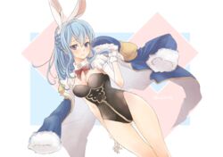  animal_ears blue_eyes blue_hair breasts cleavage commentary_request detached_collar detached_sleeves fake_animal_ears female gloves granblue_fantasy hair_between_eyes jacket jacket_on_shoulders long_hair looking_at_viewer medium_breasts monikon13 pantyhose playboy_bunny rabbit_ears solo therese_(granblue_fantasy) white_gloves 