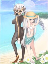  2girls beach bikini bodysuit commentary_request day diving_mask diving_suit flippers flower goggles hat long_hair multiple_girls nightmare_cat original outdoors snorkel snorkel_in_mouth swimsuit very_long_hair wetsuit white_hair 